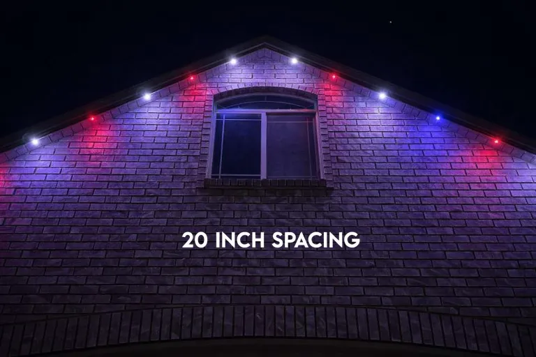 Roofline lit with Govee permanent lighting at 20 inch bulb spacing at night