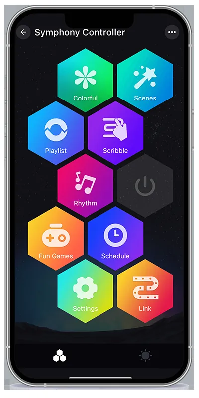 InvisiLights phone app main screen showing color, scenes, playlist, rhythm, schedule and settings controls